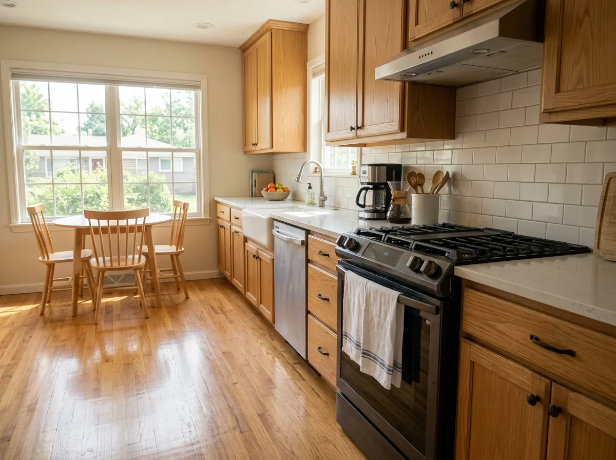 A wide view of a tidy kitchen late in the morning, counters cleared and wiped, a folded dish towel over the oven handle, chairs tucked under