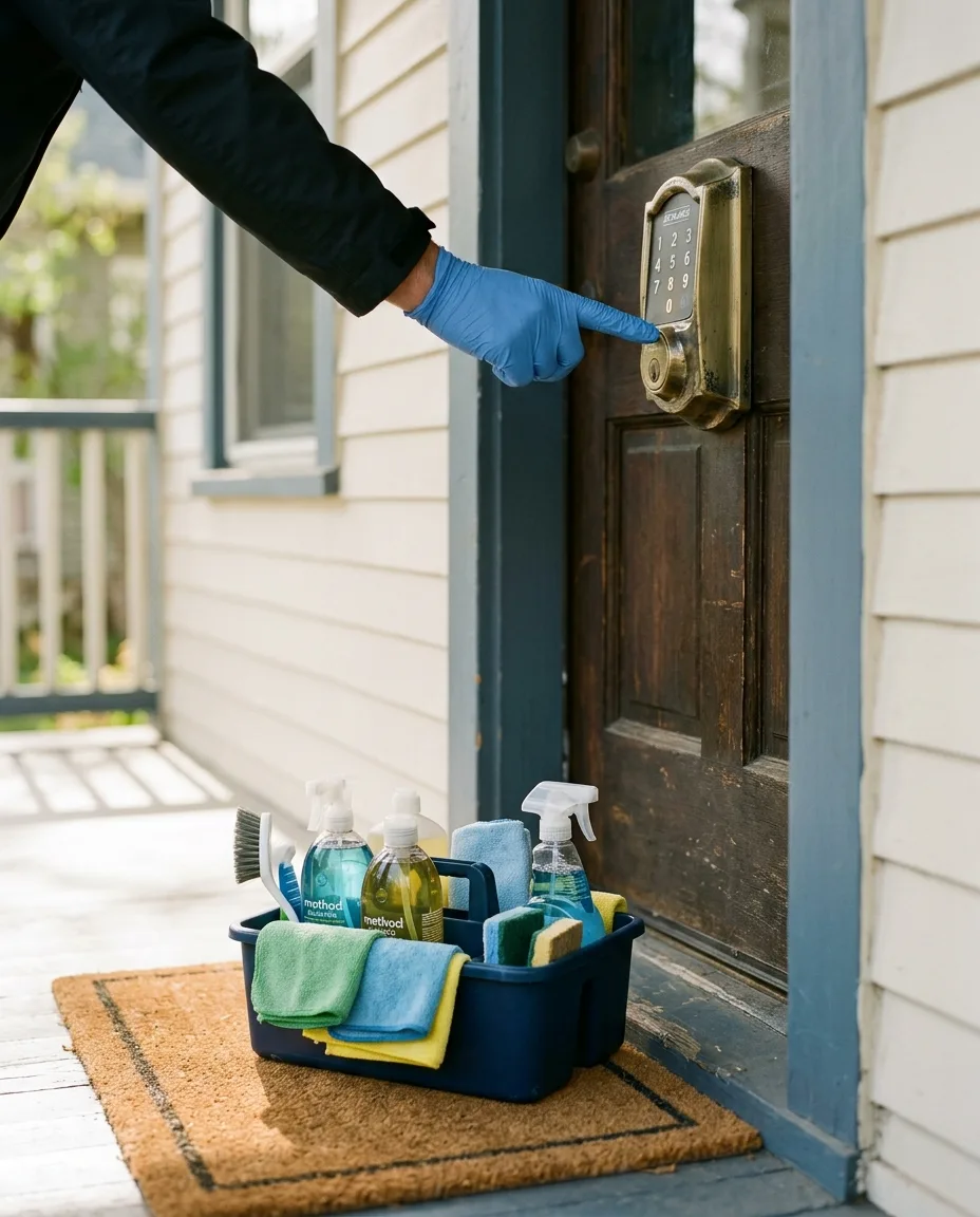 Close on a front door's keypad lock at the height of a hand, a gloved hand pressing the last button, a cleaning caddy of spray bottles and m