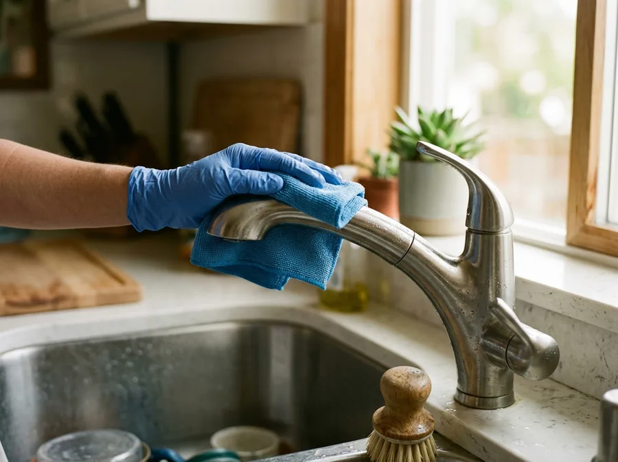 Detail of a gloved hand wiping a stainless kitchen faucet with a folded blue microfiber cloth, water beads on the steel, the sink basin soft