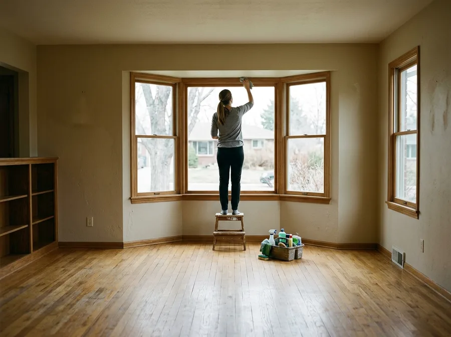 Wide view of an empty living room with bare hardwood floors, a person seen from behind on a small step stool wiping the top of a window fram