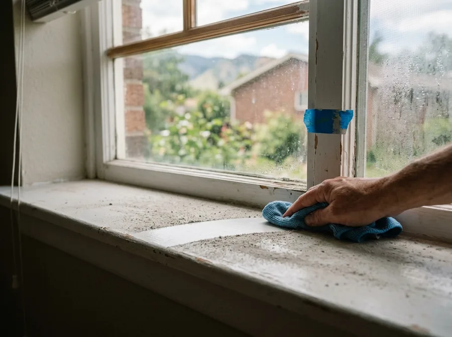 Medium shot of a painted window sill with a film of fine drywall dust, one clean stripe wiped through it by a hand holding a damp cloth, a s