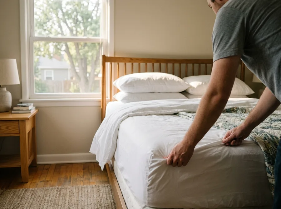 Medium wide shot of a guest bedroom, hands tucking the corner of a crisp white fitted sheet on a bed, pillows stacked at the head, person cr